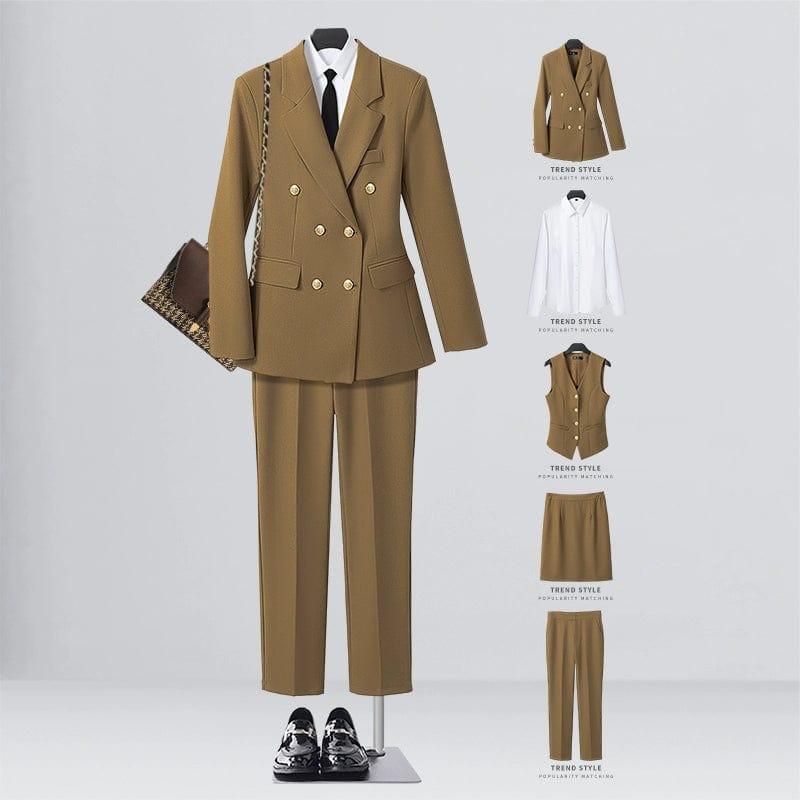 SHOWLU FASHION STORE [Five-piece] khaki suit + shirt + waistcoat + elastic waist overskirt + straight trousers / XL((57.50 kg-62.50 kg) Business Temperament Goddess Temperament Workwear Suit Vest