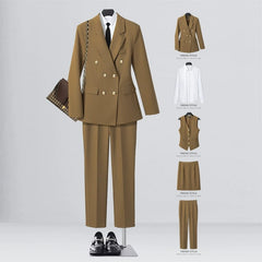 SHOWLU FASHION STORE [Five-piece] khaki suit + shirt + waistcoat + elastic waist overskirt + straight trousers / XL((57.50 kg-62.50 kg) Business Temperament Goddess Temperament Workwear Suit Vest