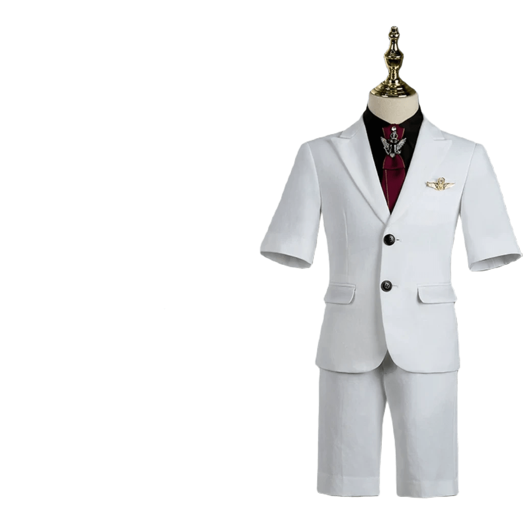 Showlu Fashion Store Five-piece suit (suit + shorts + black shirt + tie + give brooch) / 100cm Children's Business Suit Summer Short-Sleeved Boy's Small Suit Birthday Flower Children's Dress Host Costume for Piano Performance White