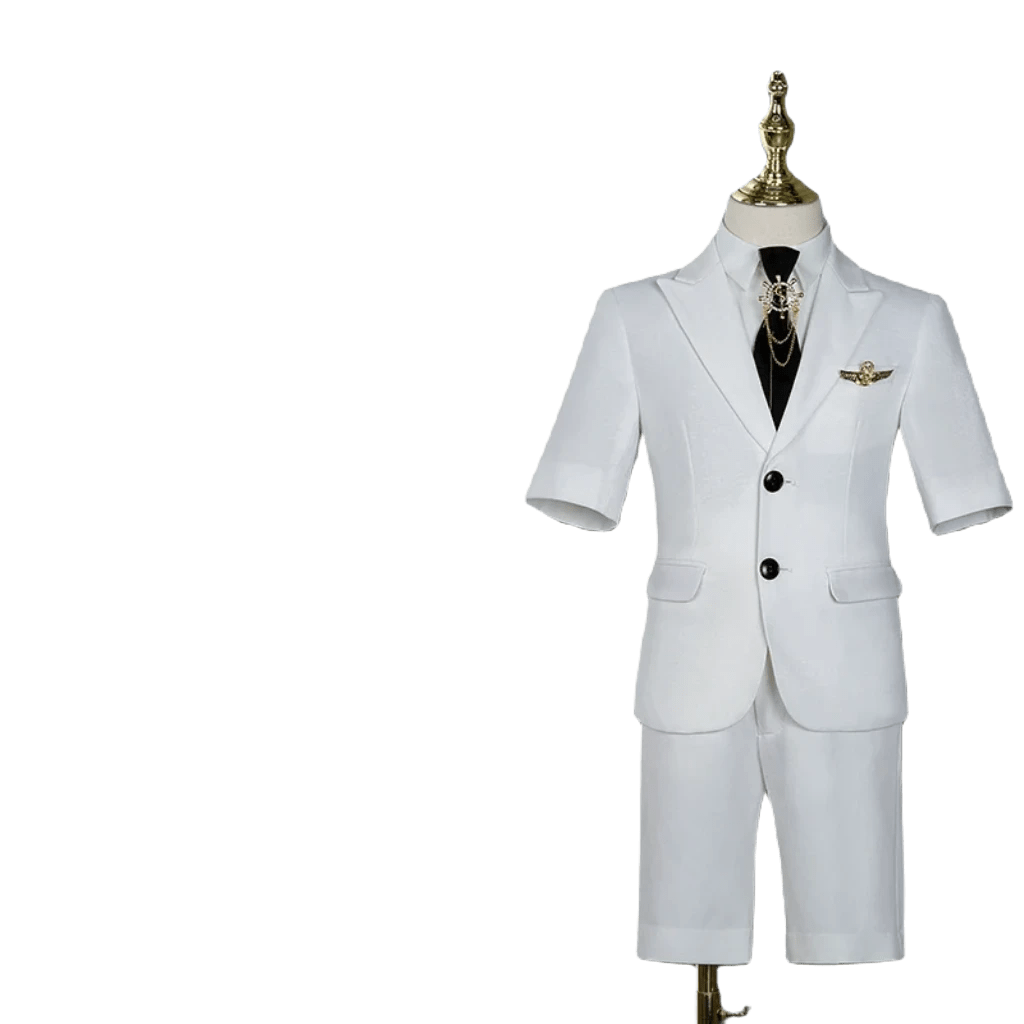 Showlu Fashion Store Five-piece suit (suit + shorts + white shirt + tie + brooch) / 100cm Children's Business Suit Summer Short-Sleeved Boy's Small Suit Birthday Flower Children's Dress Host Costume for Piano Performance White