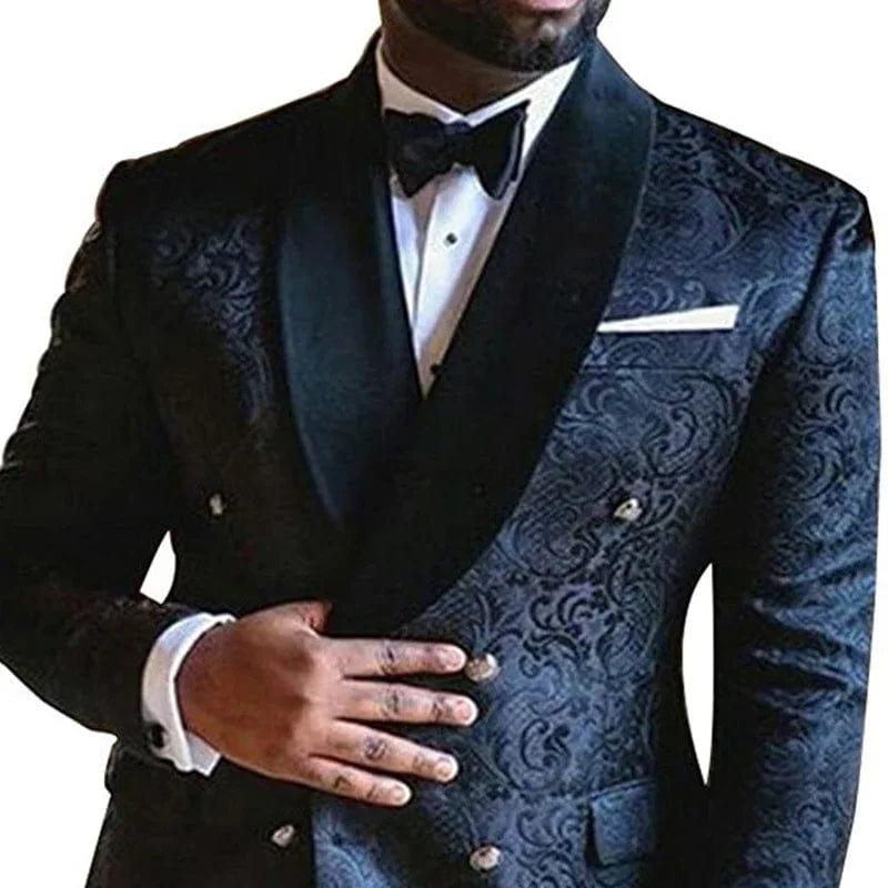 SHOWLU FASHION STORE Floral Jacquard Men Suits Slim Fit with Double Breasted Wedding Tuxedo for Groomsmen Black Shawl Lapel Male Fashion Set Costume