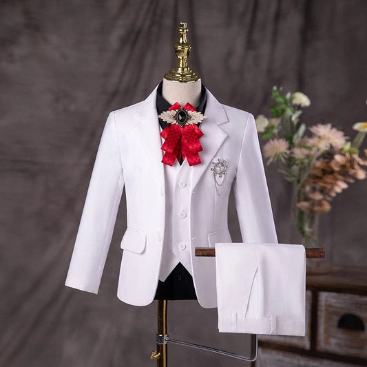  Showlu Fashion Store Flower Boys White Baptism Suit Kids Jakcet Vest Pants 3PCS Formal Wedding Dress Children Birhtday Photograph Performance Costume