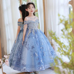  Showlu Fashion Store Flower Girls Embroidered Long Evening Gowns Children Formal Occasion Dress for Weddings Pageant Luxury Sweep Train Dresses Kids