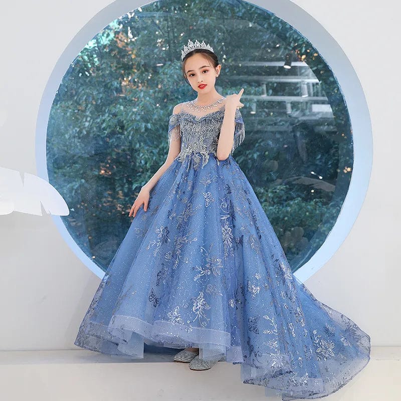  Showlu Fashion Store Flower Girls Embroidered Long Evening Gowns Children Formal Occasion Dress for Weddings Pageant Luxury Sweep Train Dresses Kids