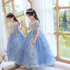  Showlu Fashion Store Flower Girls Embroidered Long Evening Gowns Children Formal Occasion Dress for Weddings Pageant Luxury Sweep Train Dresses Kids