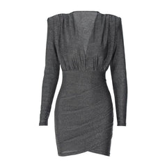  Showlu Fashion Store Fold V-neck Long-Sleeve Dress Padded Shoulder