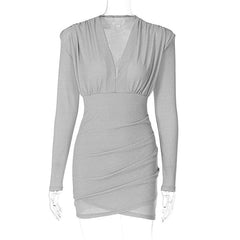  Showlu Fashion Store Fold V-neck Long-Sleeve Dress Padded Shoulder