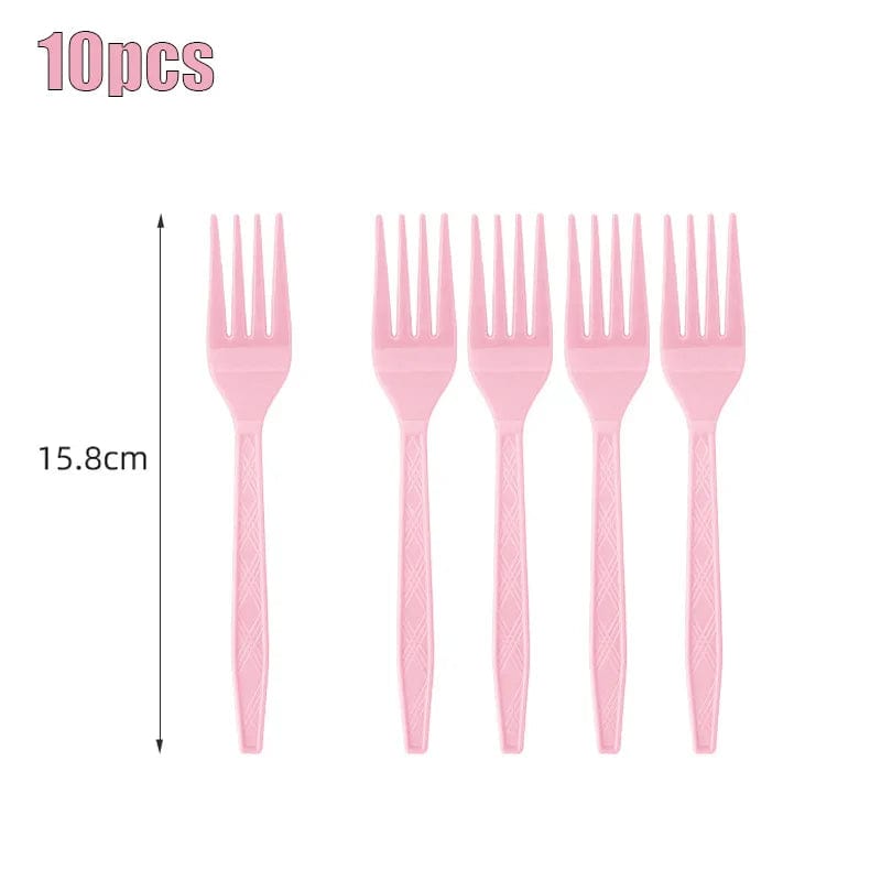  Showlu Fashion Store forks 10pcs New Solid Color Party Set Light Pink Disposable Tableware Paper Cup Paper Plate Tablecloth For Kids Baby Shower Party Supplies