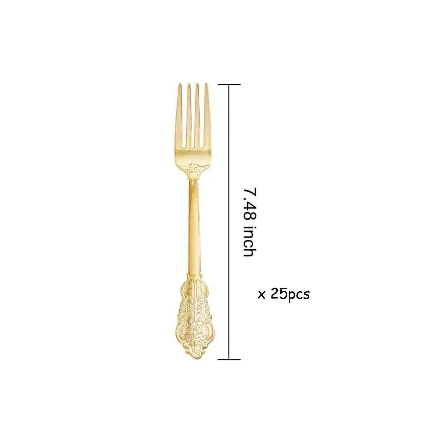 Gold-plated embossed PS plastic tableware set with forks, knives, and spoons for parties, includes 25 pieces.