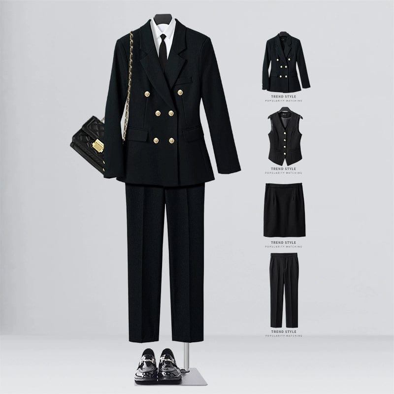 SHOWLU FASHION STORE [Four-piece] black suit + waistcoat + elastic waist overskirt + straight trousers / XL((57.50 kg-62.50 kg) Business Temperament Goddess Temperament Workwear Suit Vest