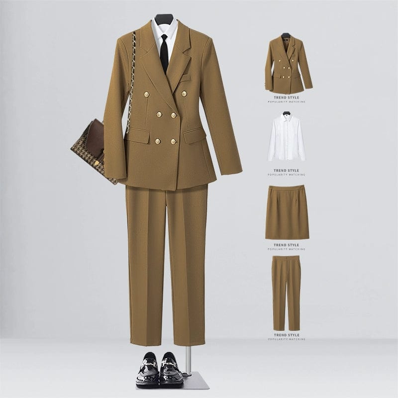 SHOWLU FASHION STORE [Four-piece] khaki suit + shirt + elastic waist overskirt + straight trousers / XL((57.50 kg-62.50 kg) Business Temperament Goddess Temperament Workwear Suit Vest