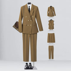 SHOWLU FASHION STORE [Four-piece] khaki suit + waistcoat + elastic waist overskirt + straight trousers / XL((57.50 kg-62.50 kg) Business Temperament Goddess Temperament Workwear Suit Vest