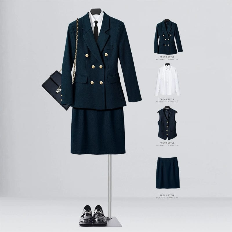 SHOWLU FASHION STORE [Four-piece] navy blue suit + shirt + vest + elastic waist overskirt / XL((57.50 kg-62.50 kg) Business Temperament Goddess Temperament Workwear Suit Vest