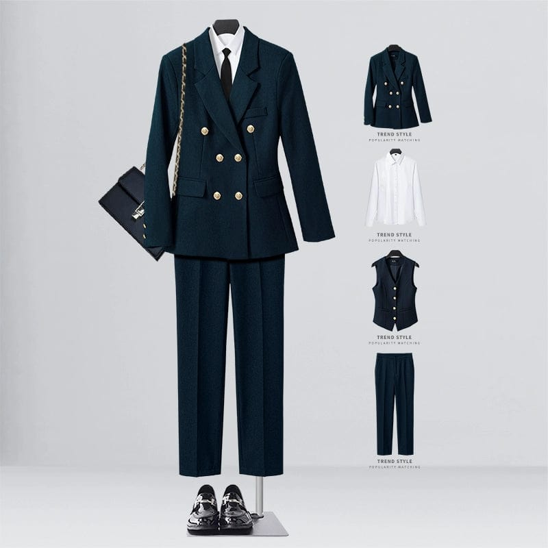 SHOWLU FASHION STORE [Four-piece] navy blue suit + shirt + vest + straight trousers / XL((57.50 kg-62.50 kg) Business Temperament Goddess Temperament Workwear Suit Vest