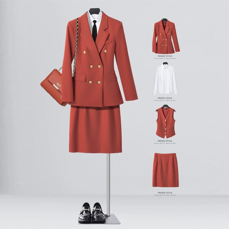 SHOWLU FASHION STORE [Four-piece] orange-red suit + shirt + vest + elastic waist overskirt / XL((57.50 kg-62.50 kg) Business Temperament Goddess Temperament Workwear Suit Vest