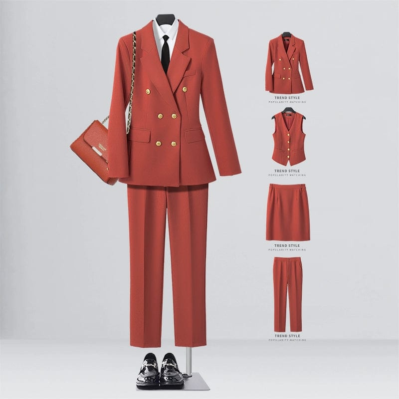 SHOWLU FASHION STORE [Four-piece] Orange-red suit + waistcoat + elastic waist overskirt + straight trousers / XL((57.50 kg-62.50 kg) Business Temperament Goddess Temperament Workwear Suit Vest