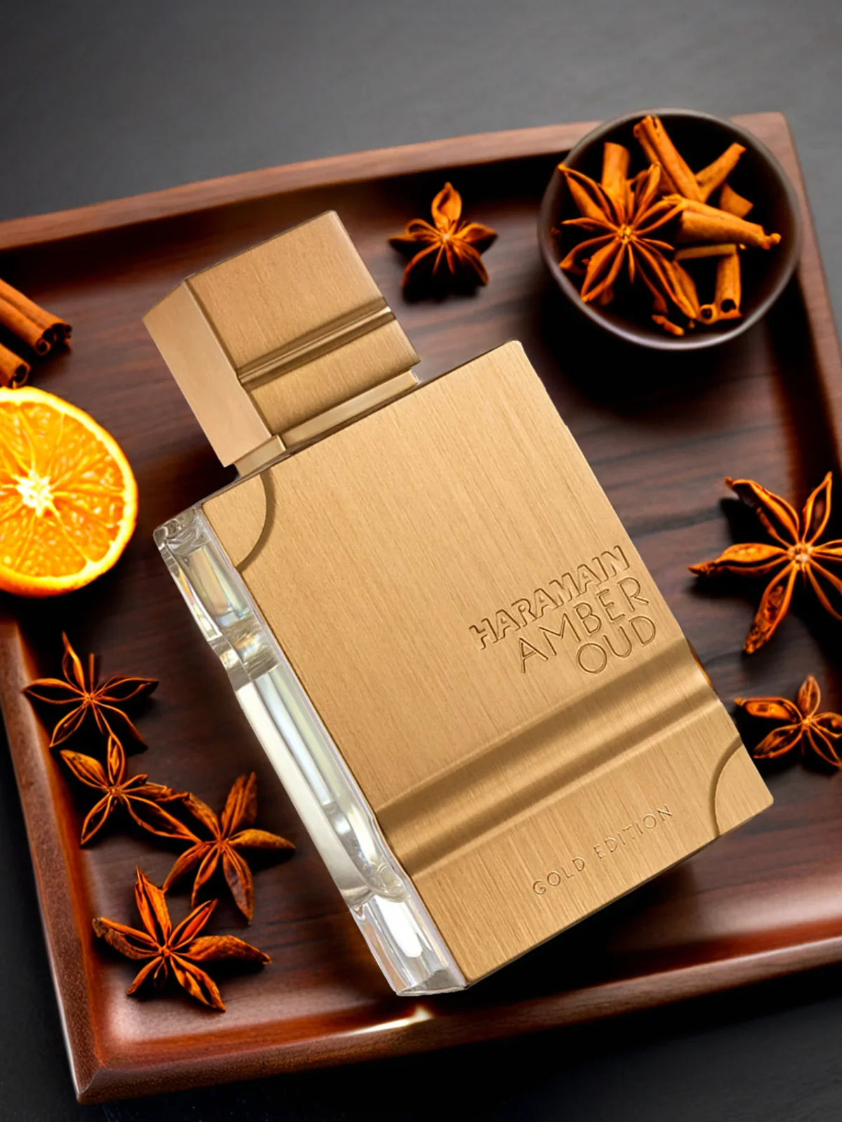 Haramain Gold Edition luxury amber and oud perfume bottle, 60ml, showcasing elegant design and rich fragrance.