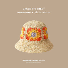  Showlu Fashion Store Free size (55-59cm) / Orange SUNFLOWER Straw Hat French Girls Travel Seaside Sunshade Lace