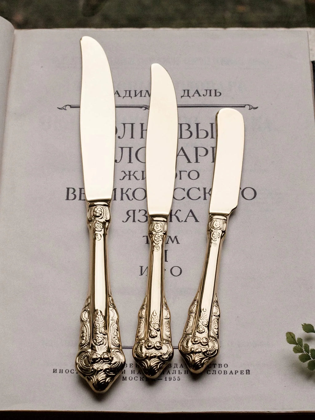 Showlu French retro relief stainless steel main meal and dessert spoon and fork set on a white background