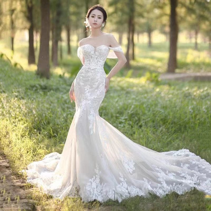  Showlu Fashion Store French Style off-Shoulder Trip Shoot Studio Main Wedding Dress Fishtail