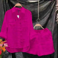 Fuchsia women's cotton linen 2-piece set with long sleeve shirt and shorts, casual summer outfit from Showlu Fashion Store.