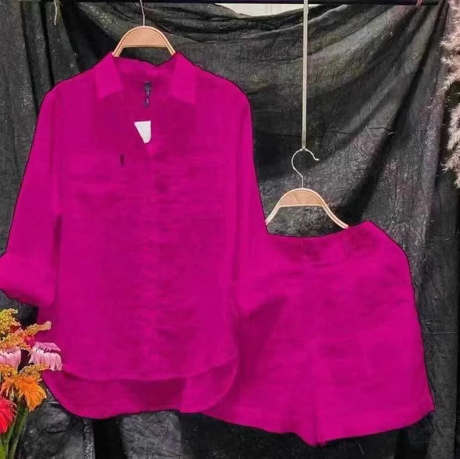 Fuchsia women's cotton linen 2-piece set with long sleeve shirt and shorts, casual summer outfit from Showlu Fashion Store.