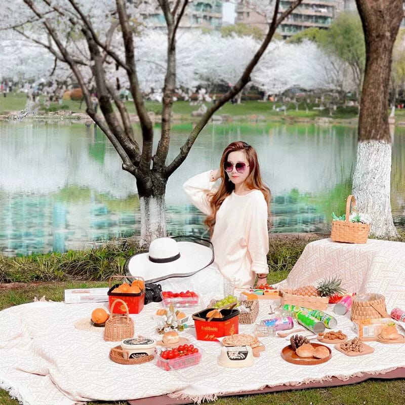 Red geometric picnic blanket by M.J.HONG, moisture-proof lawn mat for outdoor spring outings and picnics.