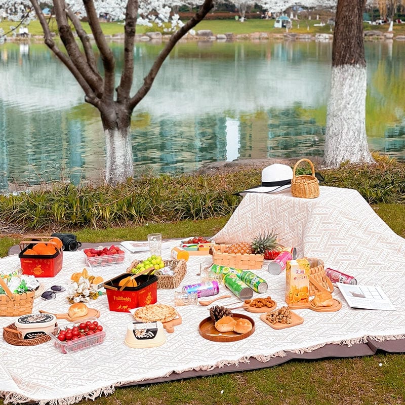 Red geometric picnic blanket by M.J.HONG, moisture-proof lawn mat for outdoor spring picnics and outdoor activities.