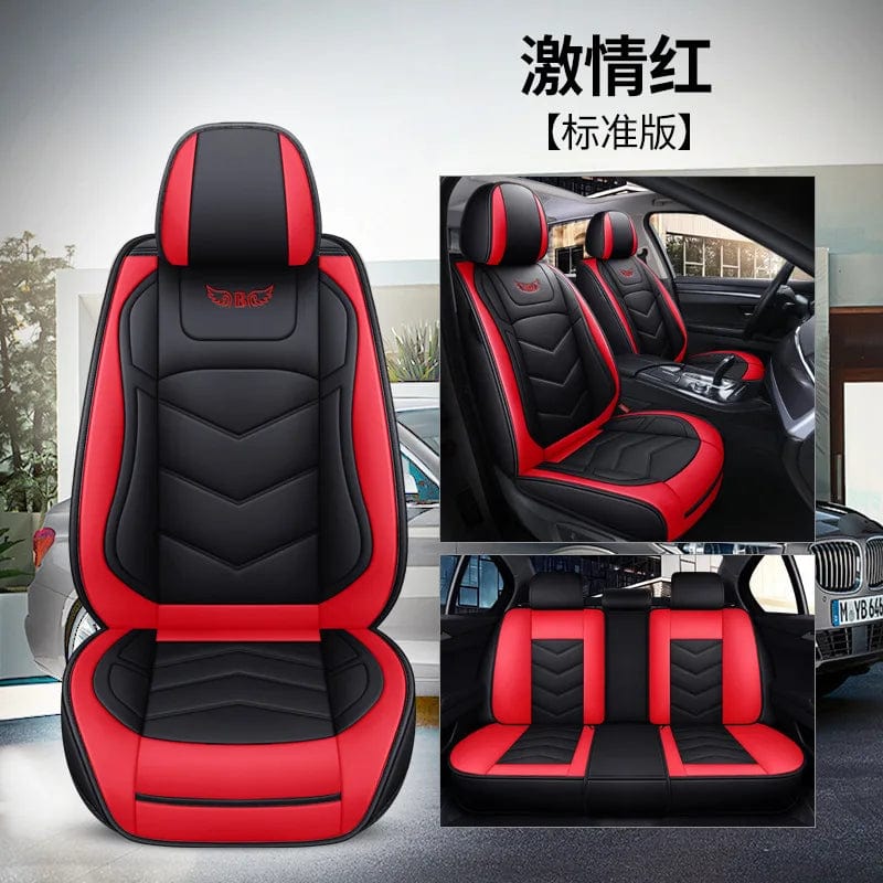  Showlu Fashion Store Full SET Red Luxury Leather Car Seat Cover Set For Most Auto Chair Protector Pad Comfort Car Seat Cushion Universal Automotive Accessories