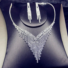  Showlu Fashion Store FYUAN Luxury Geometric Rhinestone Necklace Earrings For Women Long Tassel Jewelry Sets Ladies Weddings Banquet Accessory