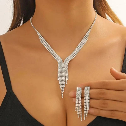  Showlu Fashion Store FYUAN Luxury Geometric Rhinestone Necklace Earrings For Women Long Tassel Jewelry Sets Ladies Weddings Banquet Accessory