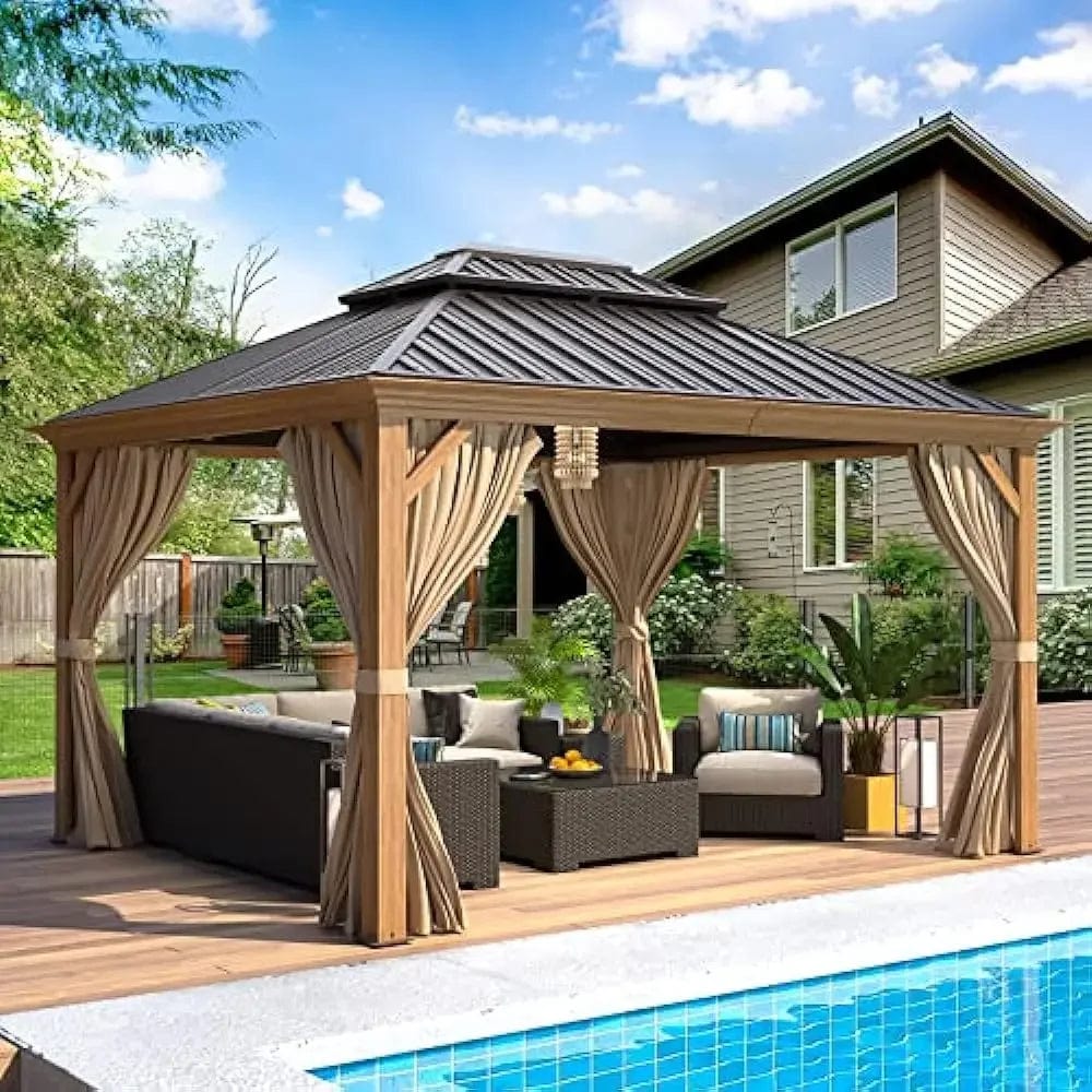 Showlu Fashion Store Galv... / United States / 12 16 10x14 Outdoor Gazebo with Curtain and Netting, Wooden Finish Coated with Double Galvanized Steel Hardtop Roof, Outdoor Gazebo