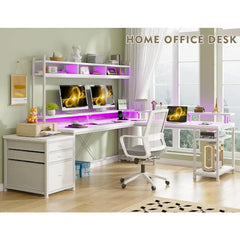 SHOWLU FASHION STORE Gaming Desk, 66-inch, with Drawers, LED Lights with Power Outlet, with Monitor Stand and Shelf, Gaming Computer Desk