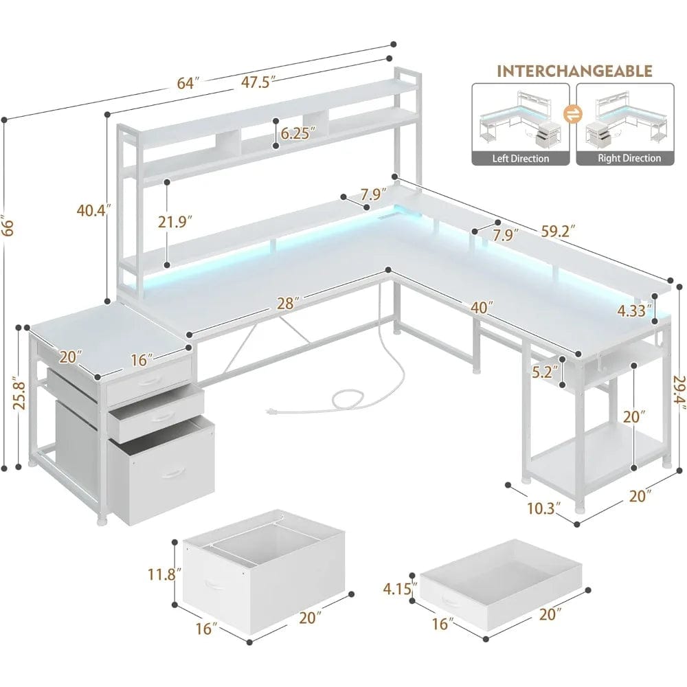 SHOWLU FASHION STORE Gaming Desk, 66-inch, with Drawers, LED Lights with Power Outlet, with Monitor Stand and Shelf, Gaming Computer Desk