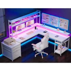 SHOWLU FASHION STORE Gaming Desk, 66-inch, with Drawers, LED Lights with Power Outlet, with Monitor Stand and Shelf, Gaming Computer Desk