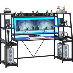 SHOWLU FASHION STORE Gaming Desk 78.8'' with LED Lights, Hutch and Storage Shelves, Computer Desk with Monitor Stand, Large PC Gamer Desk Workstation