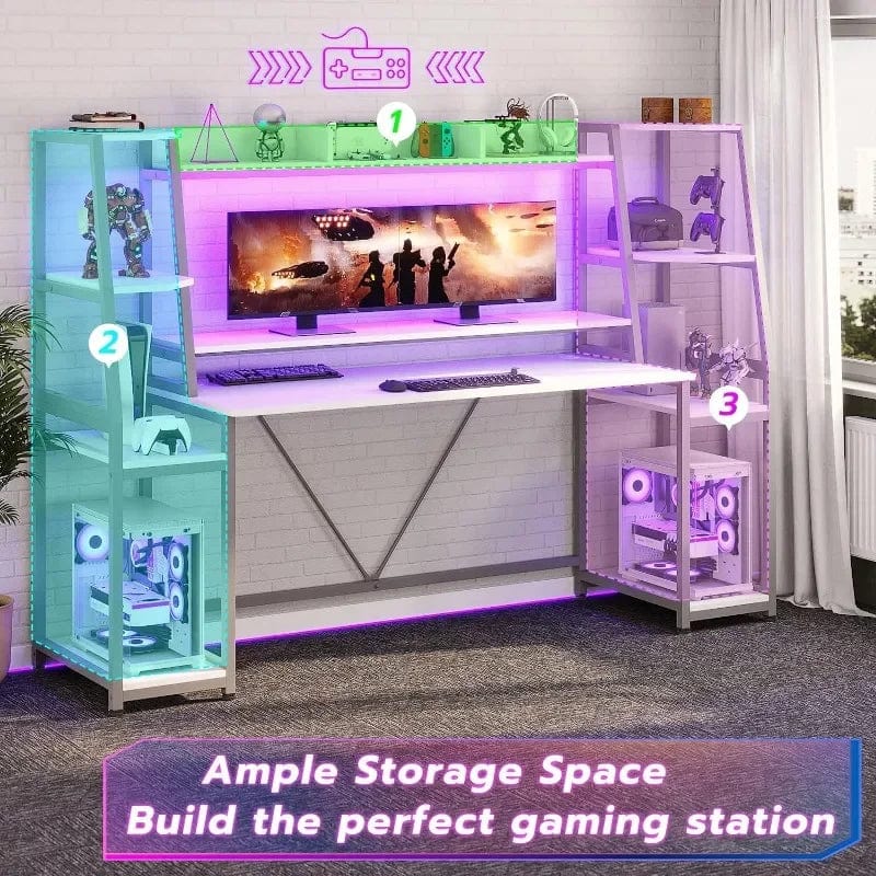 SHOWLU FASHION STORE Gaming Desk 78.8'' with LED Lights, Hutch and Storage Shelves, Computer Desk with Monitor Stand, Large PC Gamer Desk Workstation