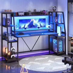 SHOWLU FASHION STORE Gaming Desk 78.8'' with LED Lights, Hutch and Storage Shelves, Computer Desk with Monitor Stand, Large PC Gamer Desk Workstation