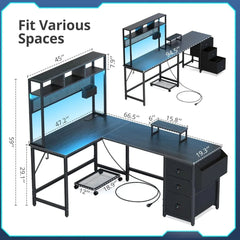 SHOWLU FASHION STORE Gaming Desk Computer Desk with Pegboard & Shelves Large L Shaped Desk with Drawers, Power Outlet & LED