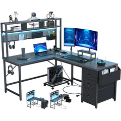 SHOWLU FASHION STORE Gaming Desk Computer Desk with Pegboard & Shelves Large L Shaped Desk with Drawers, Power Outlet & LED