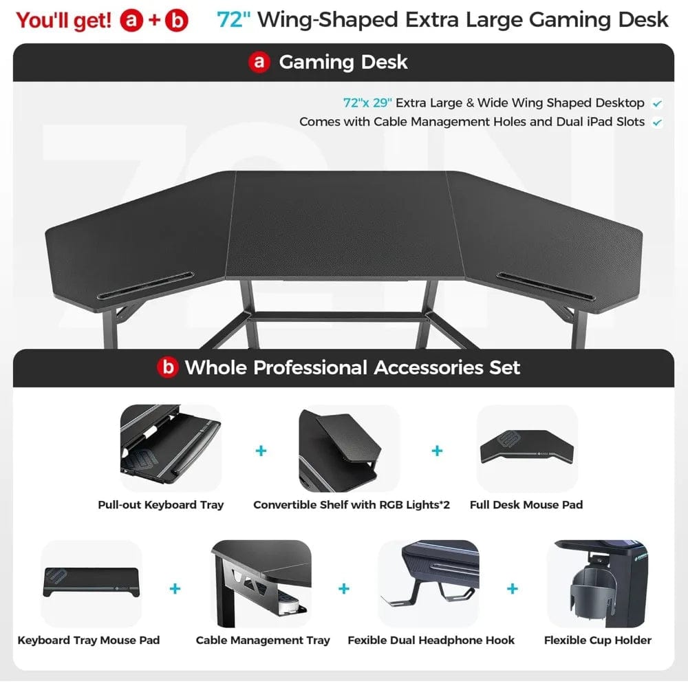 SHOWLU FASHION STORE Gaming Desk with Led Lights, 72" Large Wing-Shaped Studio Desk W Keyboard Tray Monitor Stand Dual Headphone Hanger Cup Holder