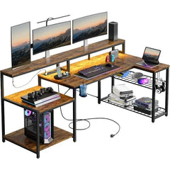 SHOWLU FASHION STORE Gaming Desk with Power Outlet, 71.5 inch LED Computer Desk with Monitor Stand, L Shaped Large Desk with Metal Shelf, Cup Holder