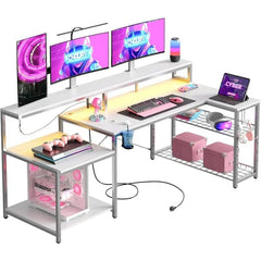 SHOWLU FASHION STORE Gaming Desk with Power Outlet, 71.5 inch LED Computer Desk with Monitor Stand, L Shaped Large Desk with Metal Shelf, Cup Holder