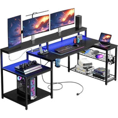 SHOWLU FASHION STORE Gaming Desk with Power Outlet, 71.5 inch LED Computer Desk with Monitor Stand, L Shaped Large Desk with Metal Shelf, Cup Holder