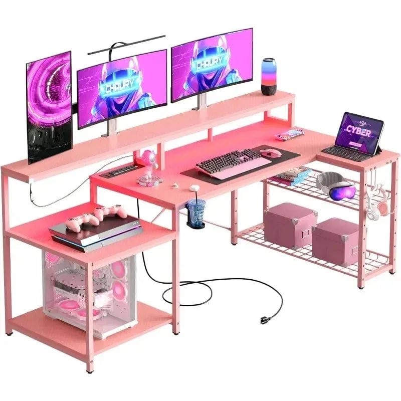 SHOWLU FASHION STORE Gaming Desk with Power Outlet, 71.5 inch LED Computer Desk with Monitor Stand, L Shaped Large Desk with Metal Shelf, Cup Holder