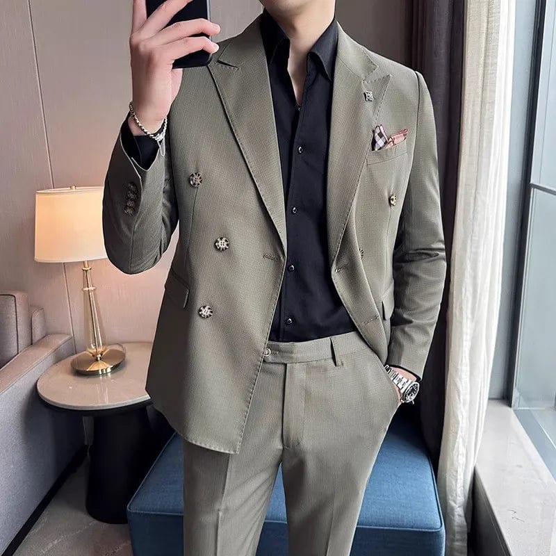 Showlu Fashion Store Gan Lan Lv Plaid / Asian 5XL is US XL 2023 Fashion New Men Boutique Double Breasted Plaid Slim Business Wedding Suit Pants2 Pcs Set Dress Blazers Jacket Trousers