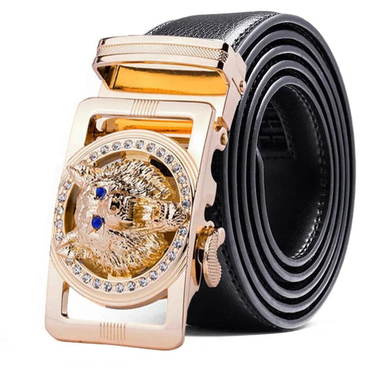  Showlu Fashion Store Genuine Leather Wolf belt for Men Polychrome rhinestone Alloy belt automatic buckle black Luxury Brand plus size Ceinture Homme