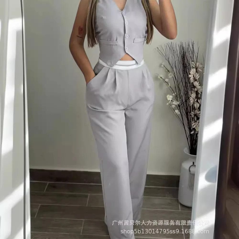 SHOWLU FASHION STORE gery / XL Vest Top & Pants Set Women Two Piece Sets Long Pants Set Sleeveless Tops High Waist Straight Pant Elegant Casual Y2k