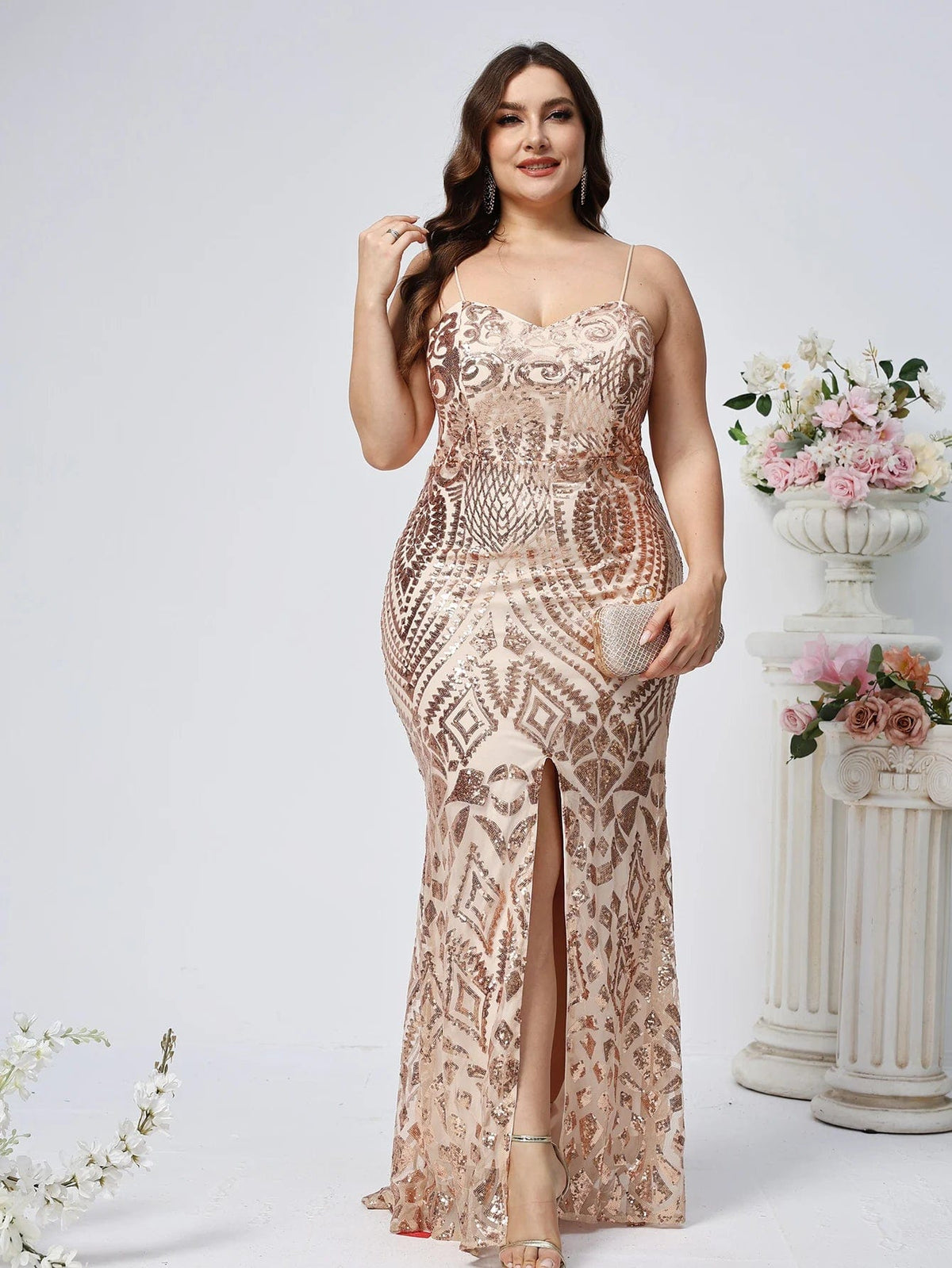 SHOWLU FASHION STORE Gold / 2XL Spaghetti sStrap V-neck Cocktail pParty Dress Sequins Plus Size Mermaid Backless Slim Fit Evening Dress Sexy Ball Dress