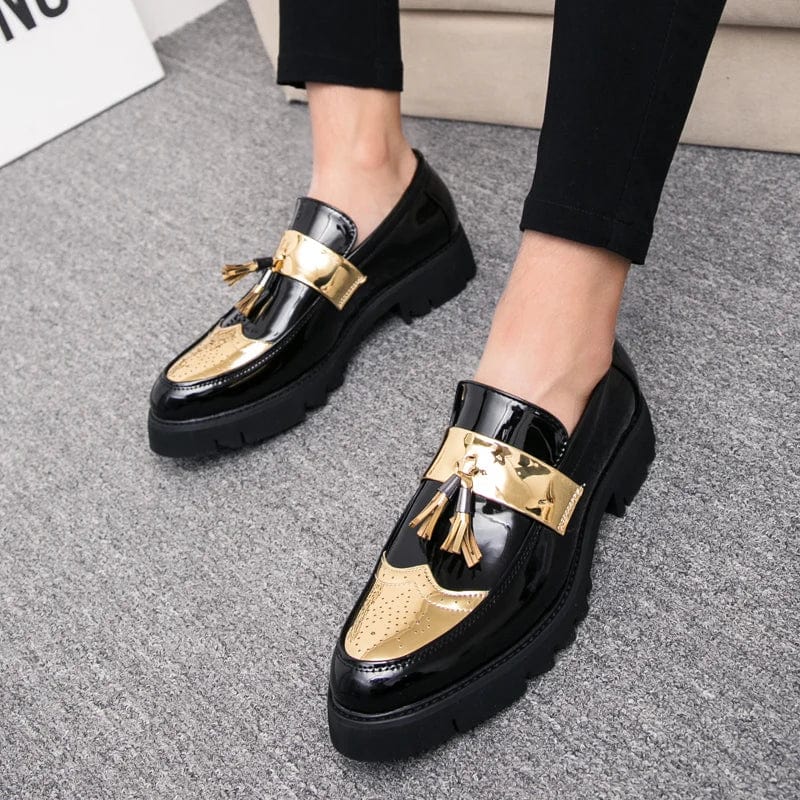  Showlu Fashion Store Gold / 40 Fashion Golden Men's Casual Slip-On Tassel Patent Loafers Thick Bottom Elevator Shoes Men's Party Shoes Business Shoes Brogue